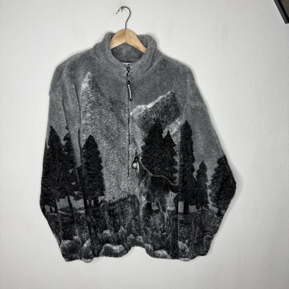Black Mountain All Over Print Deep Pile Fleece Jacket Gray Men's Large